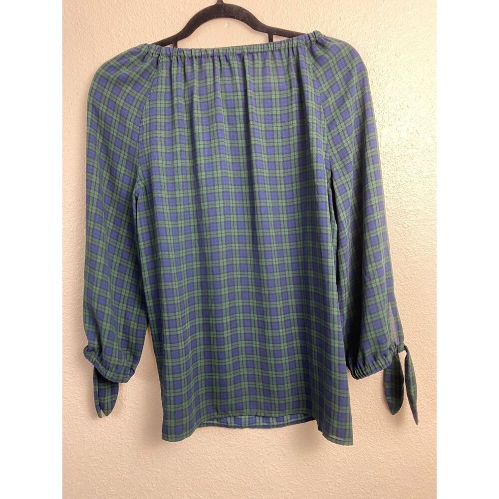 Talbots Green Plaid Elastic Off Shoulder Long Sleeve Top Size Small Holiday - Picture 2 of 11